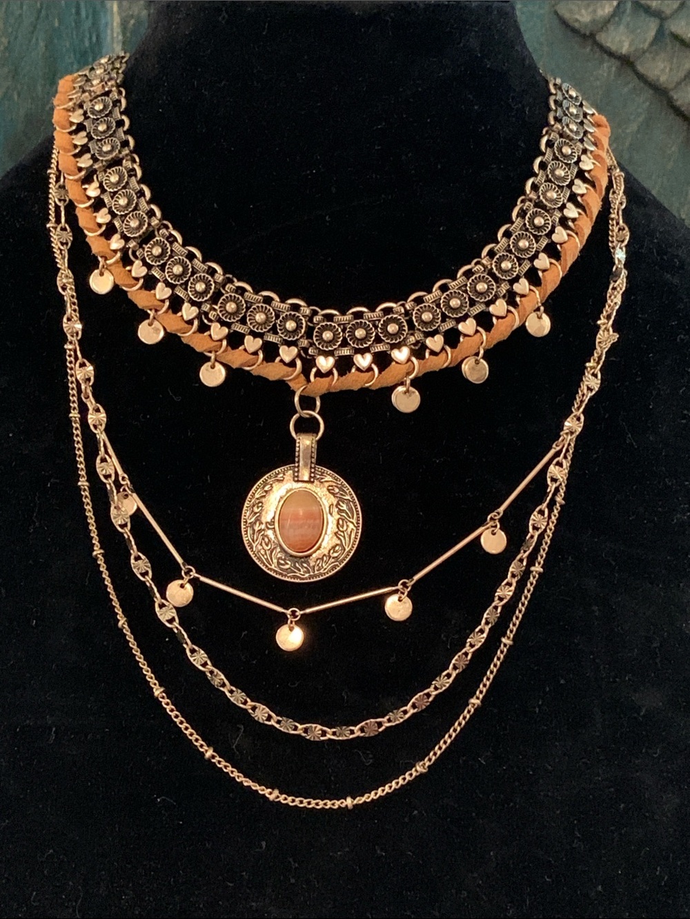 Free People Multi Layer Stone Pendant Gold Necklace